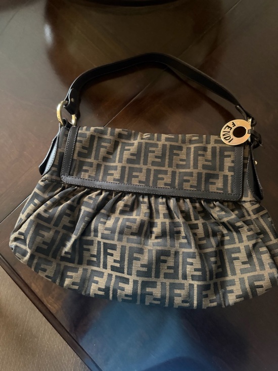 Fendi Handbags - Fendi Black and Brown FF Zucca Shoulder Bag with Logo Charm